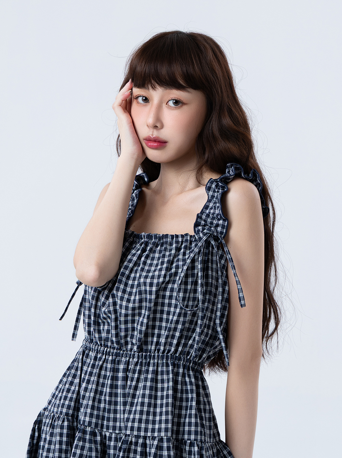 格紋吊帶荷葉無袖洋裝-深藍
