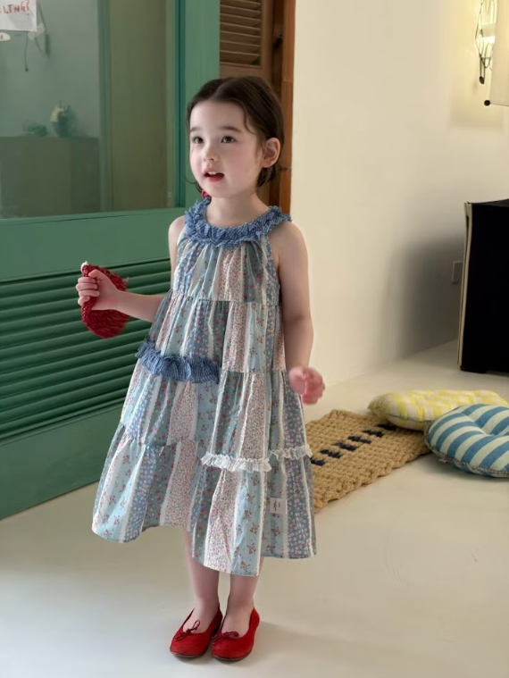 BYC04D070BL DODO Wardrobe -仲夏藍調碎花拼布層次露肩裙