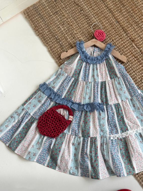 BYC04D070BL DODO Wardrobe -仲夏藍調碎花拼布層次露肩裙