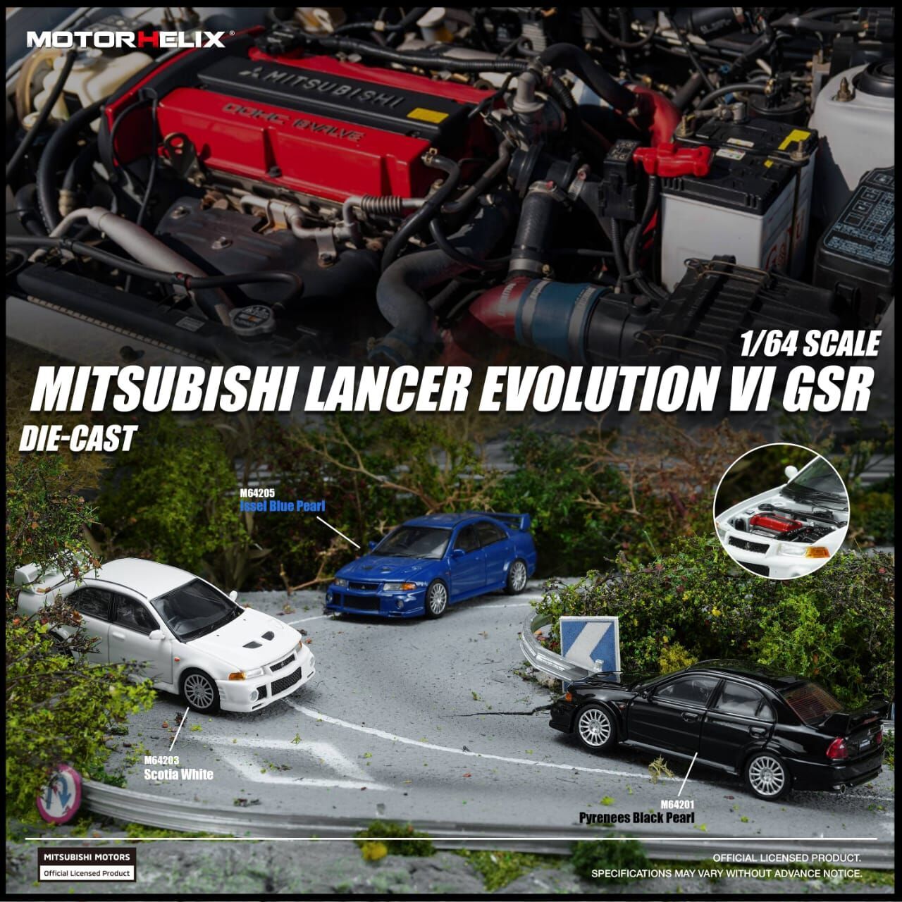 PO-$140 * MOTORHELIX * 1:64 MITSUBISHI LANCER EVOLUTION VI GSR ISSEL BLUE PEARL