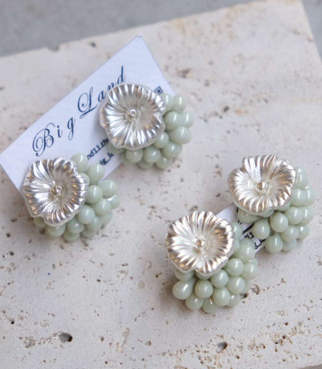 [Big Land] 綠捷克玻璃花朵 | 耳夾 | NO.436