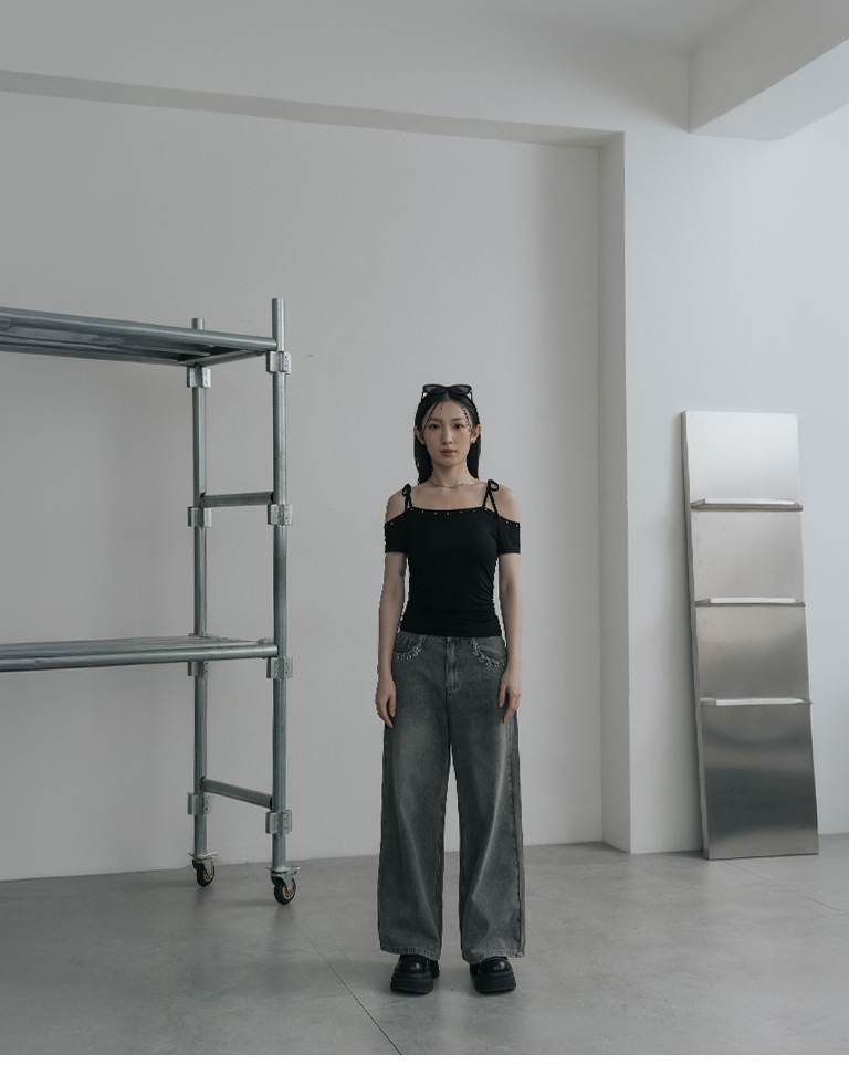 Studded, one-shoulder, lace-up, gathered fitted top - Black【01099543】in stock+pre-order