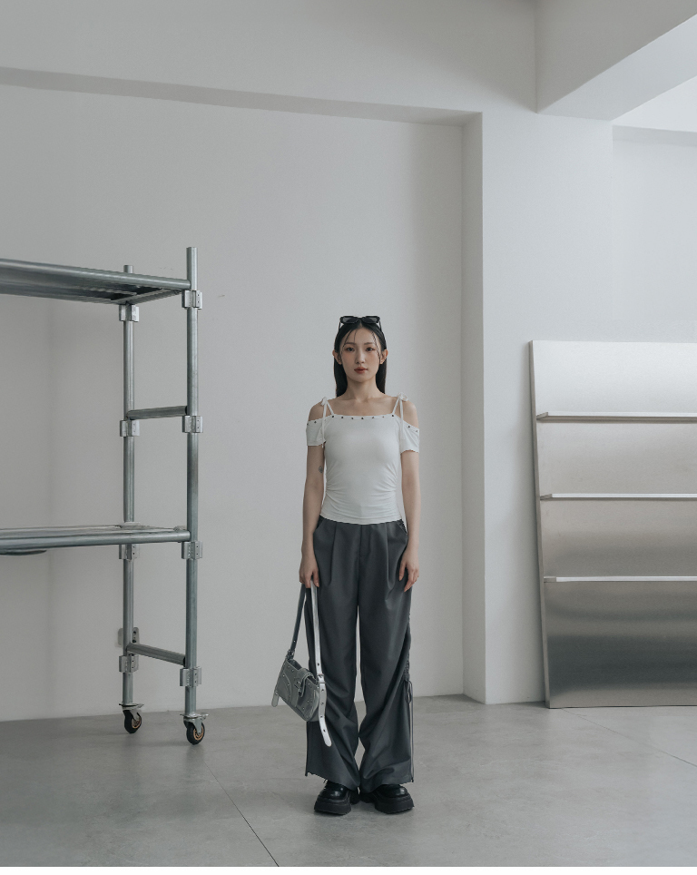 Studded, one-shoulder, strappy, ruched fitted top - white【01099544】in stock+pre-order