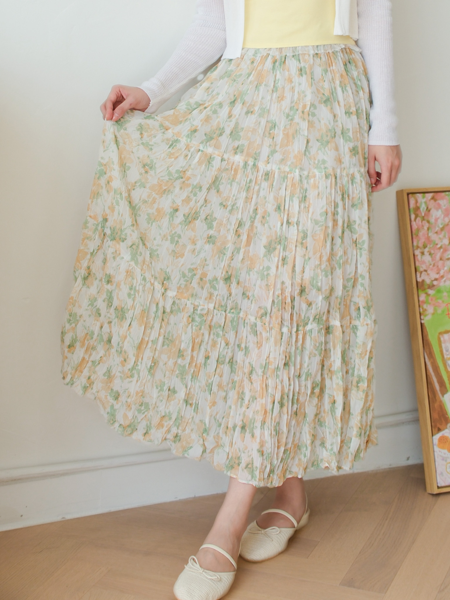 清新田園風～免燙皺皺雪紡印花長裙 (藍綠/黃綠) BT489