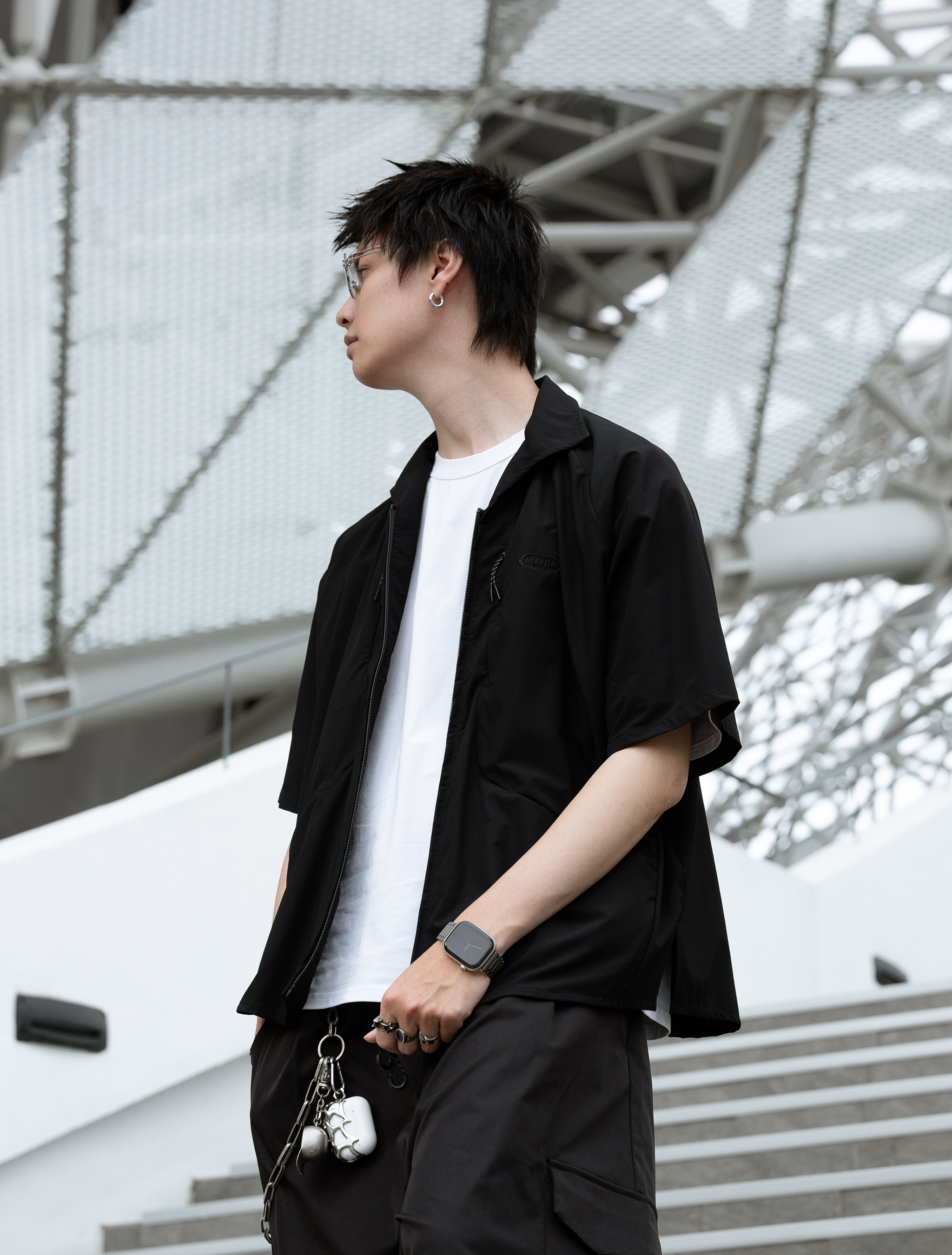 MANIA 防潑水電繡短袖襯衫 黑/灰 26 S/S Zip Utility SS Shirt