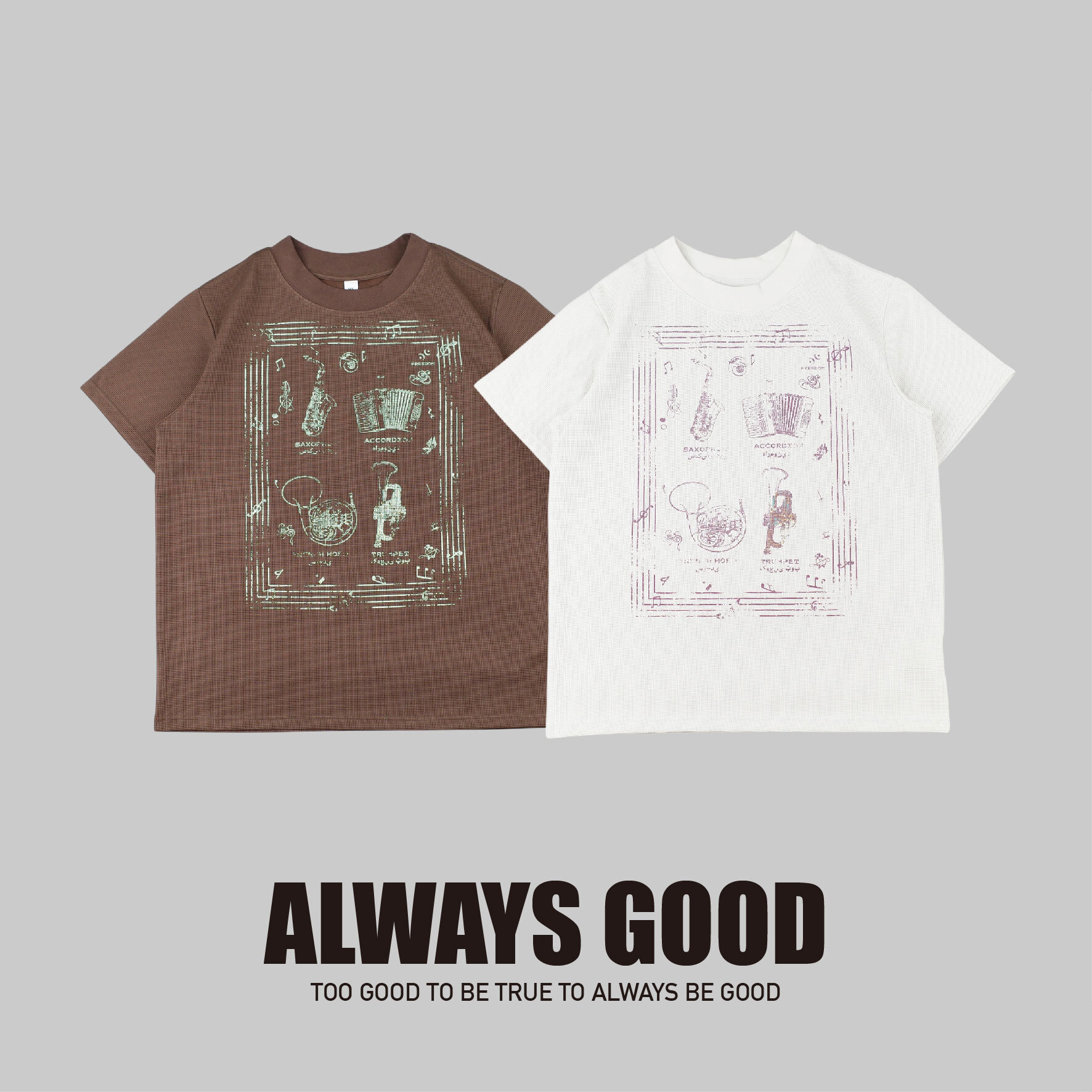 『Always_Good』短版 華夫格 復古 樂器 印花 短TEE