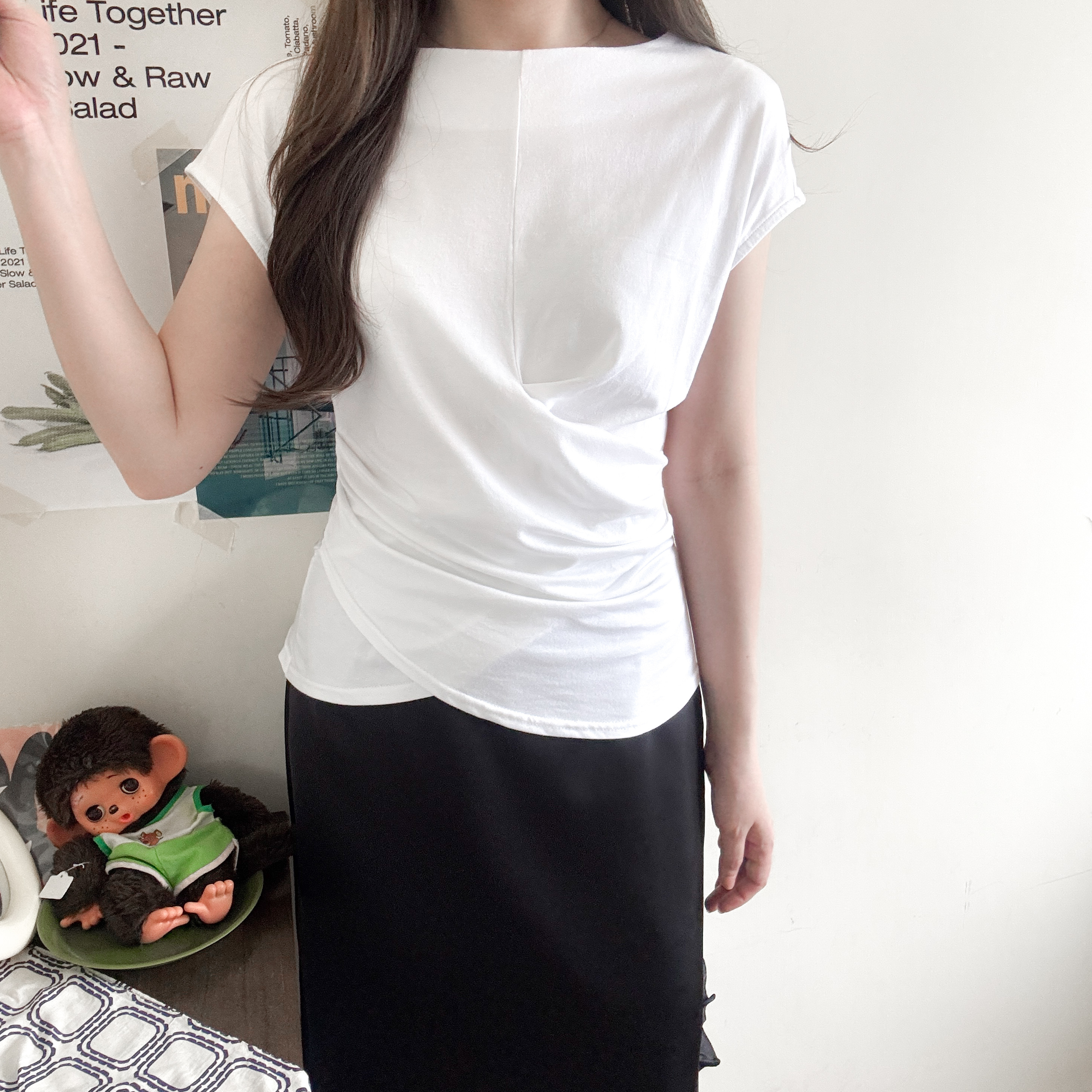 交叉修腰船領上衣