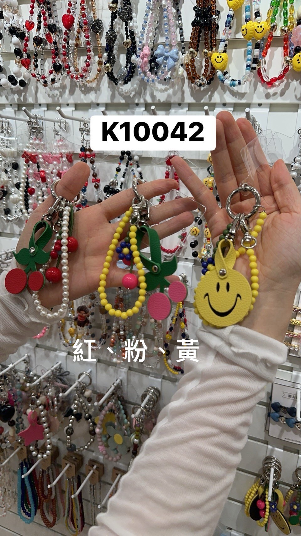 K10042笑臉櫻桃短手機鍊(紅'粉'黃)
