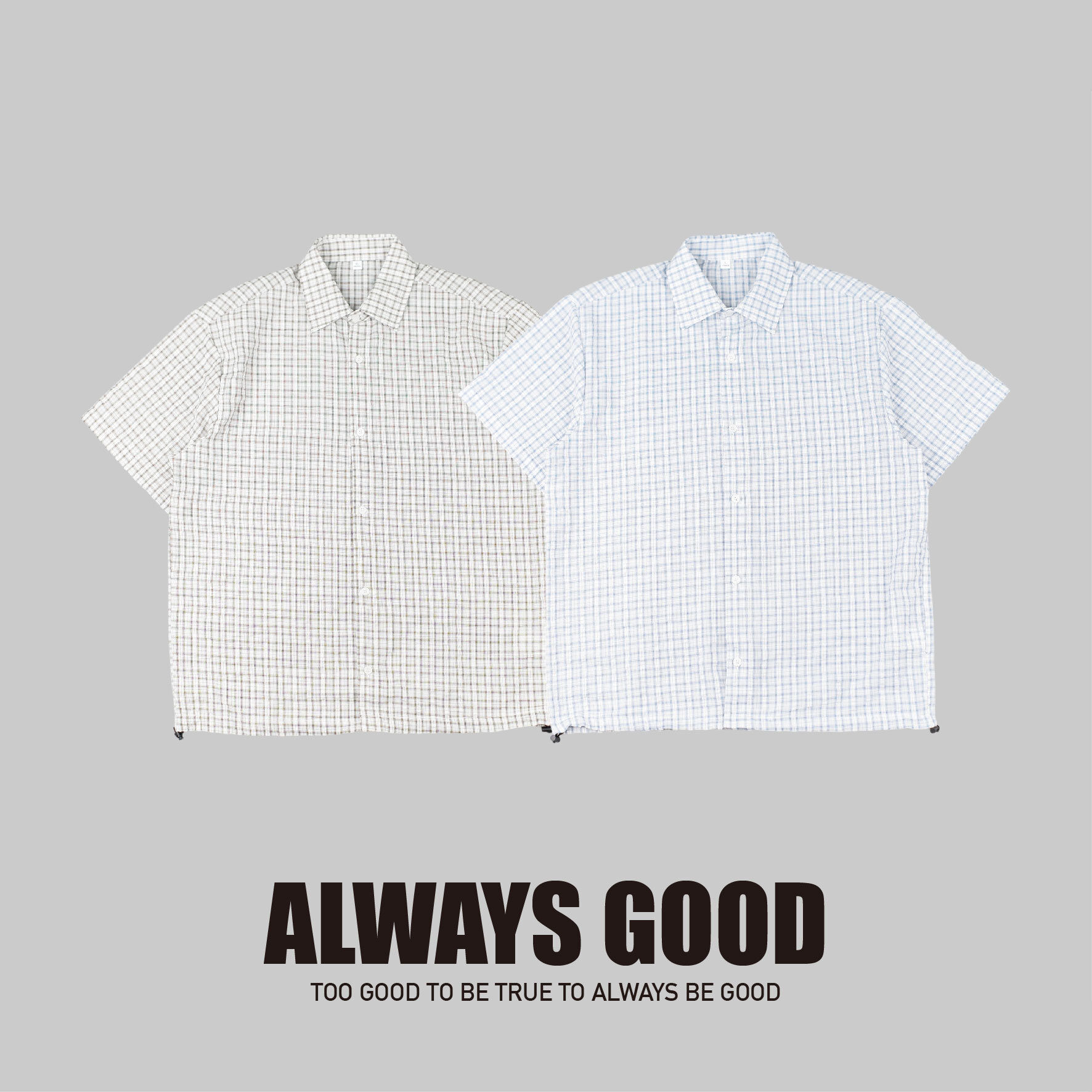 『Always_Good』可調長度 抽繩 格紋 BOXY 短袖 襯衫