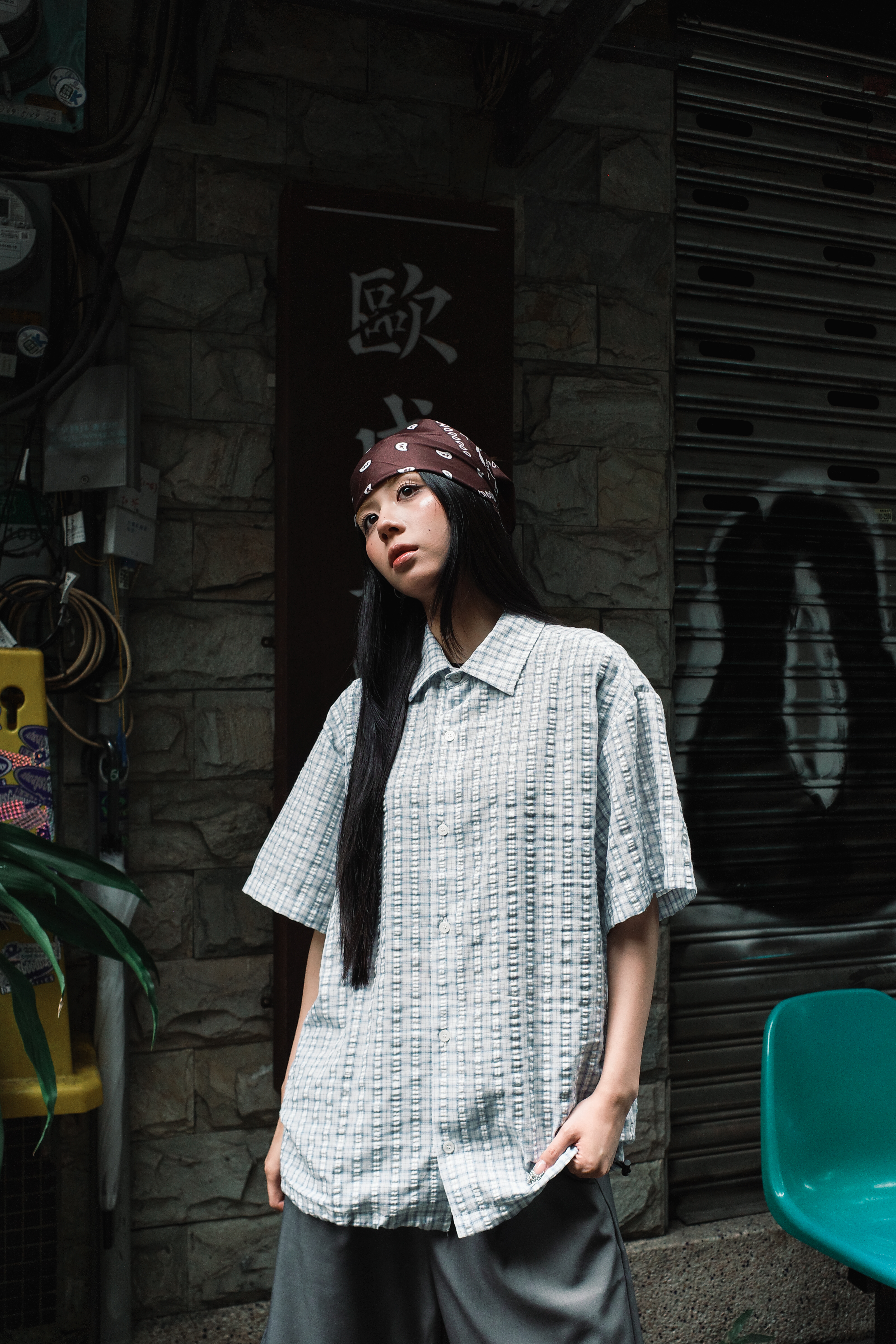 『Always_Good』可調長度 抽繩 格紋 BOXY 短袖 襯衫