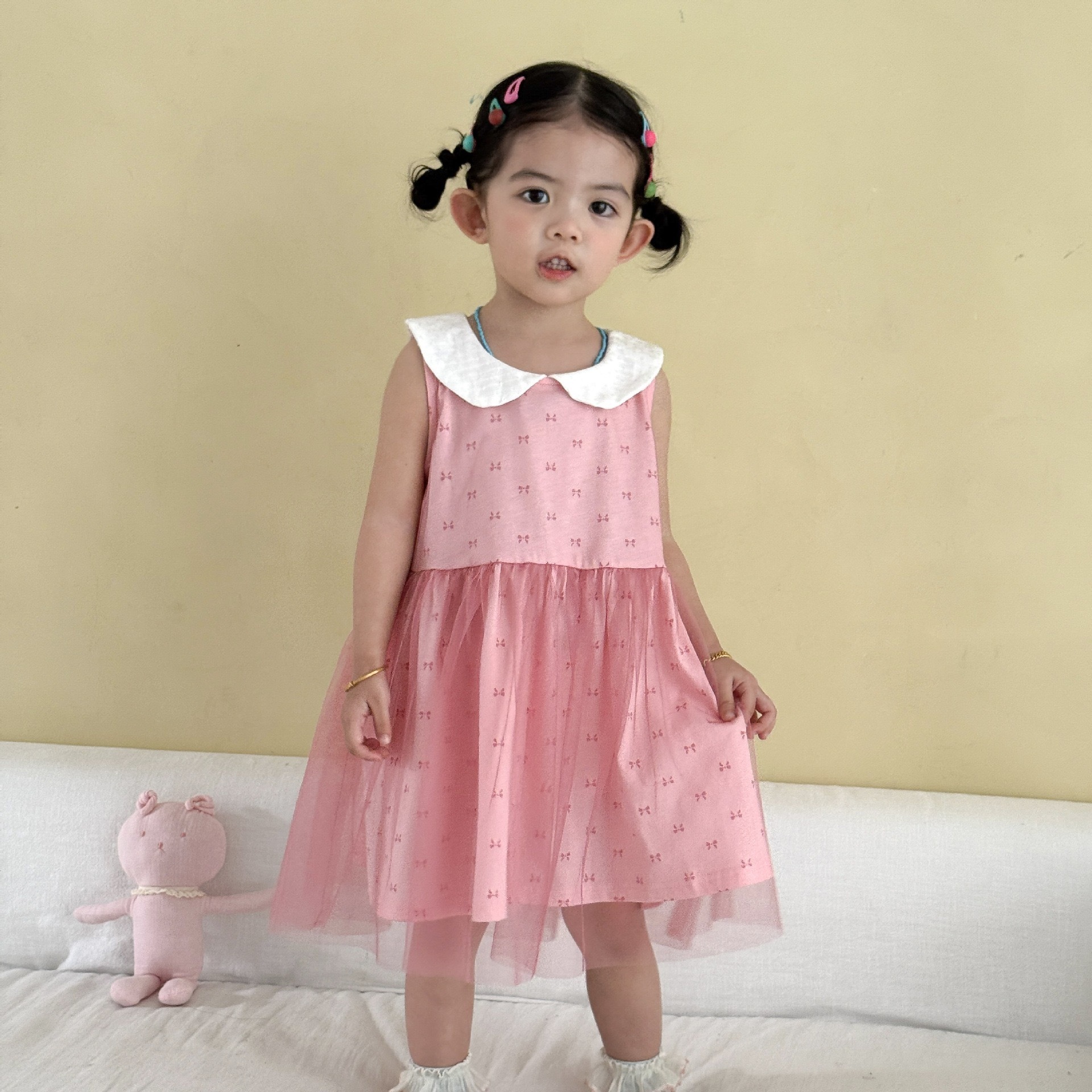 粉色娃娃領蝴蝶結紗裙洋裝