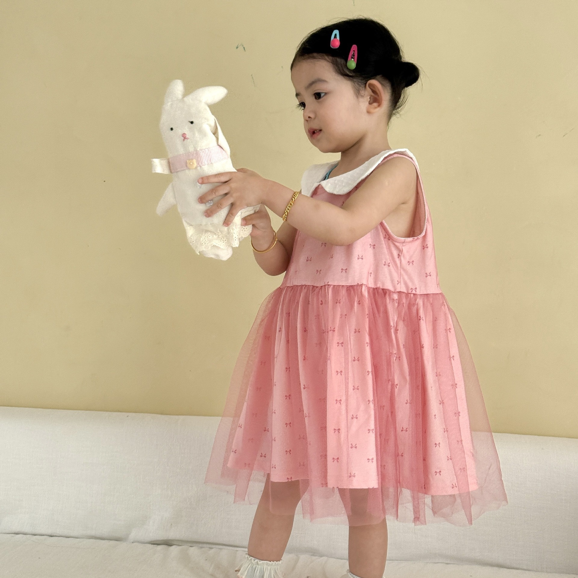 粉色娃娃領蝴蝶結紗裙洋裝