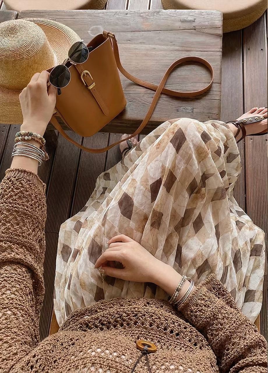 配色方塊格紋感百褶傘擺長裙-S-XL (Elegant & Love)