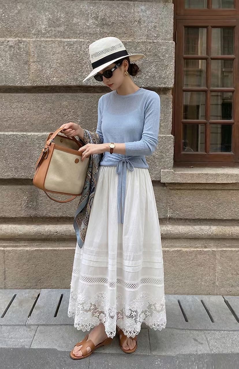雲朵白拼接雕花布蕾絲傘擺長裙-S-XL (Elegant & Love)