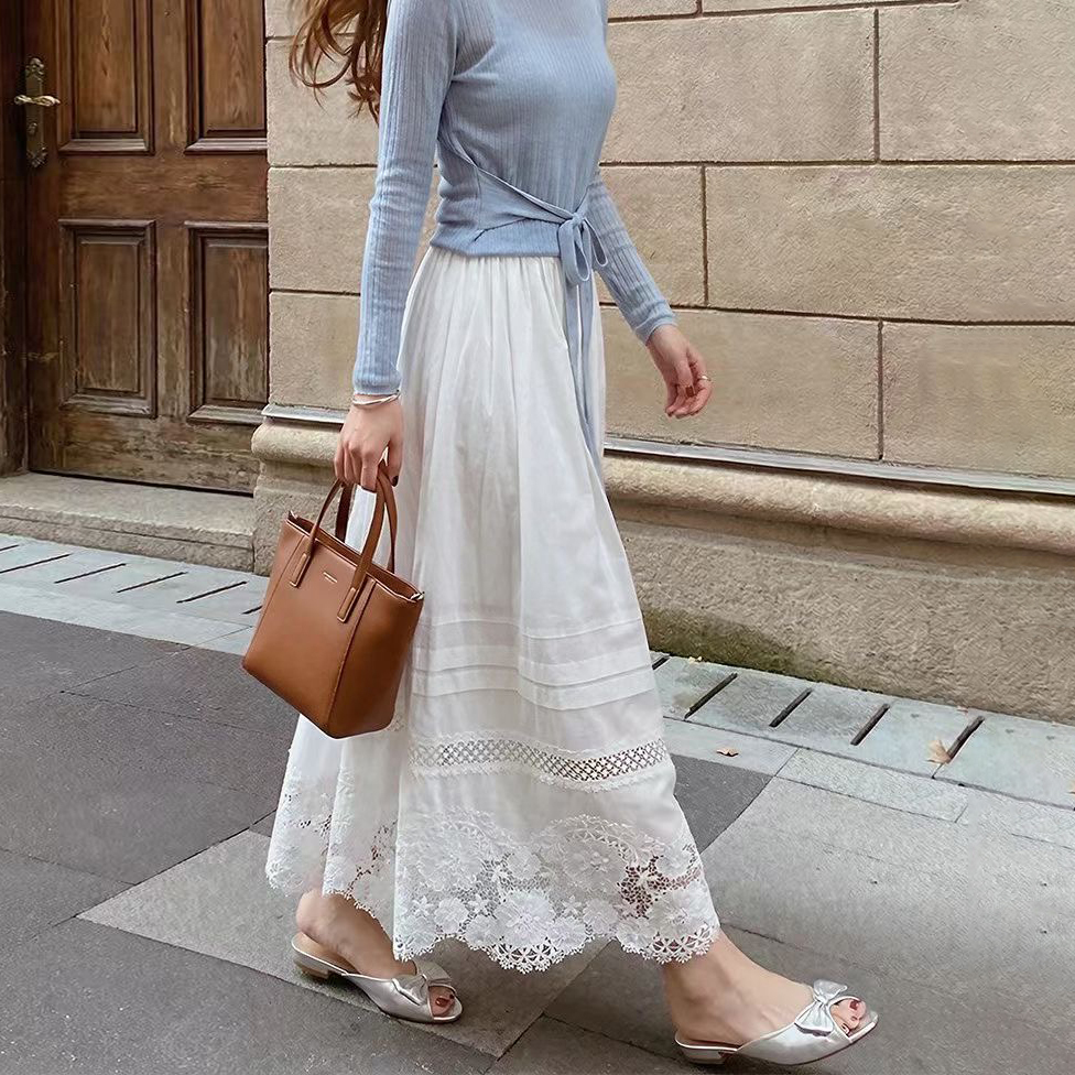 雲朵白拼接雕花布蕾絲傘擺長裙-S-XL (Elegant & Love)