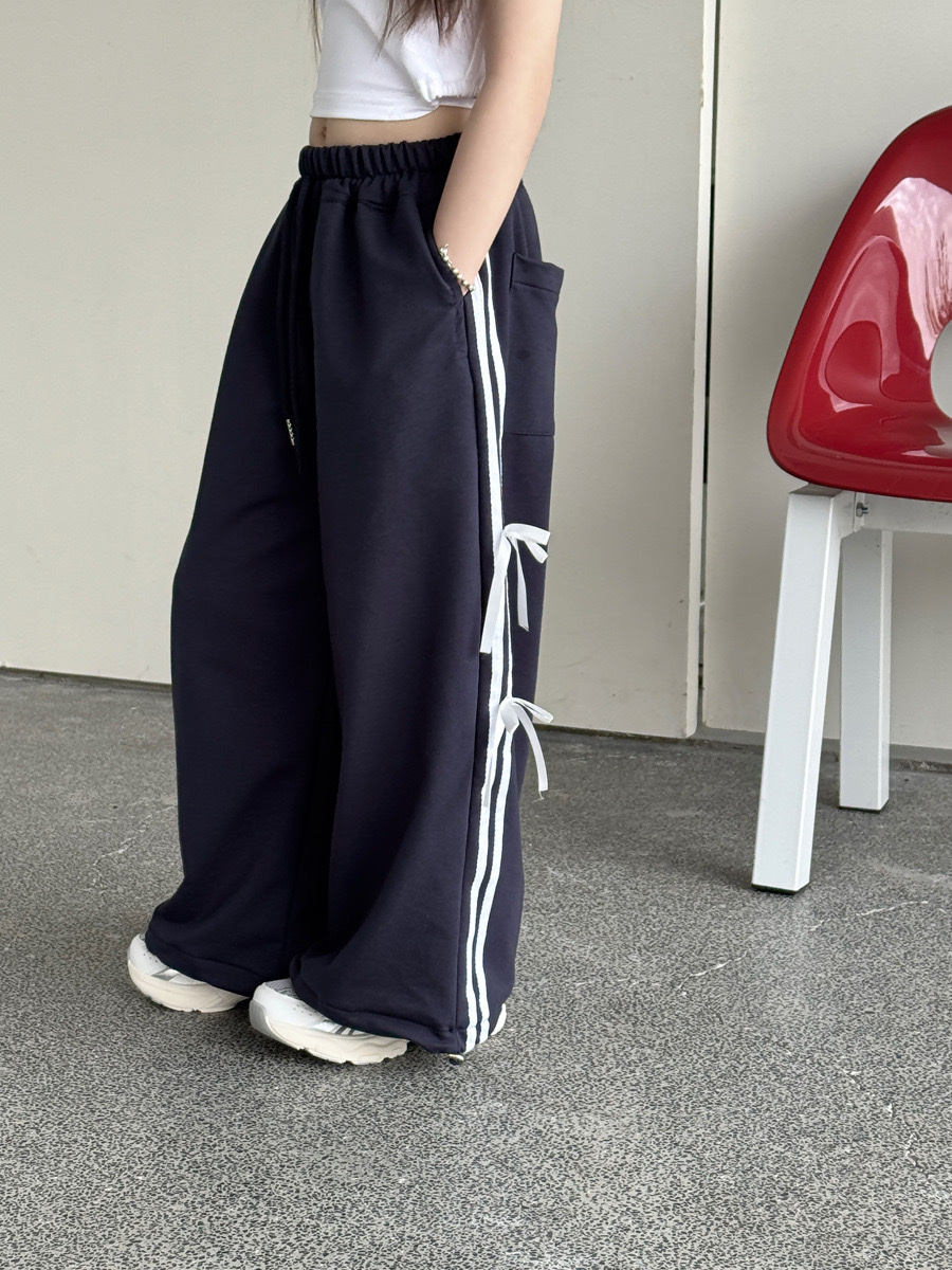 兩色蝴蝶結直條運動寬褲