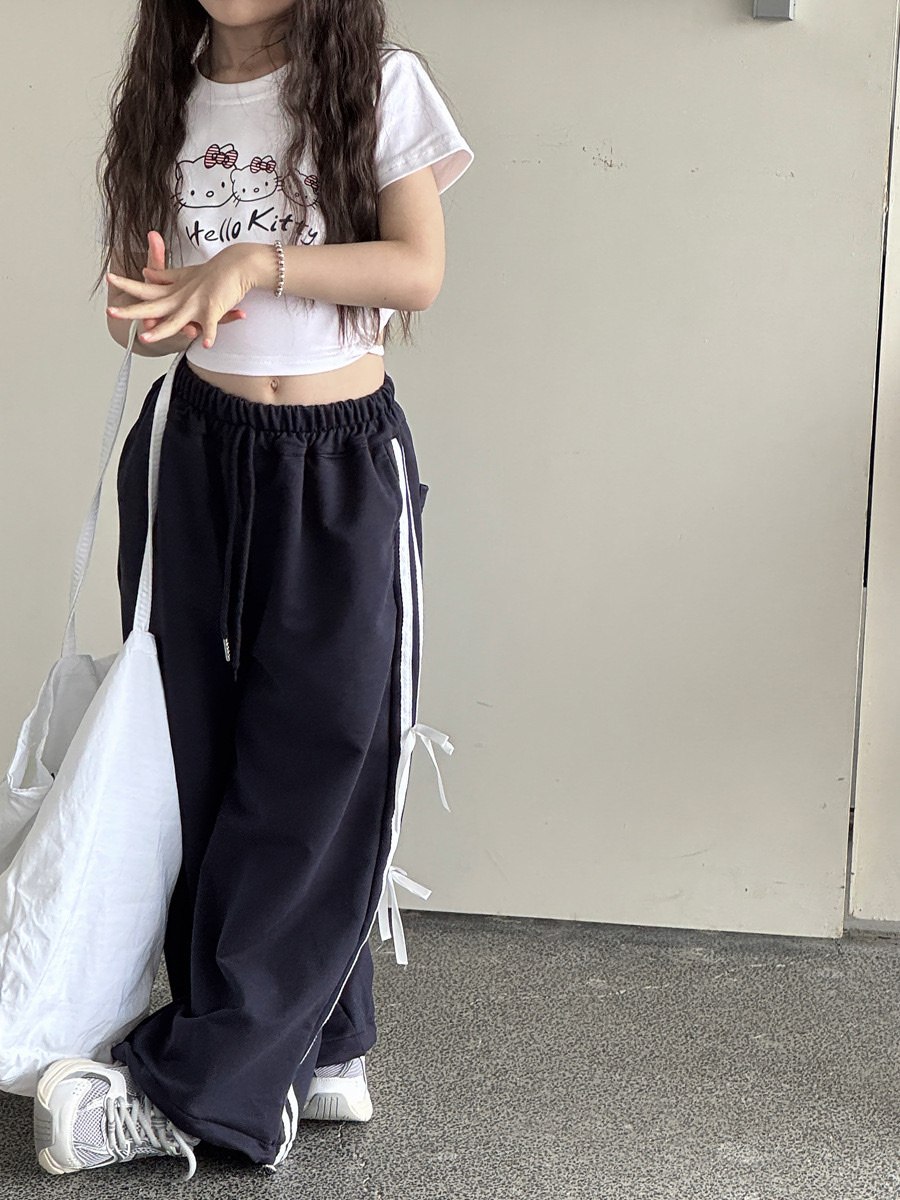 兩色蝴蝶結直條運動寬褲