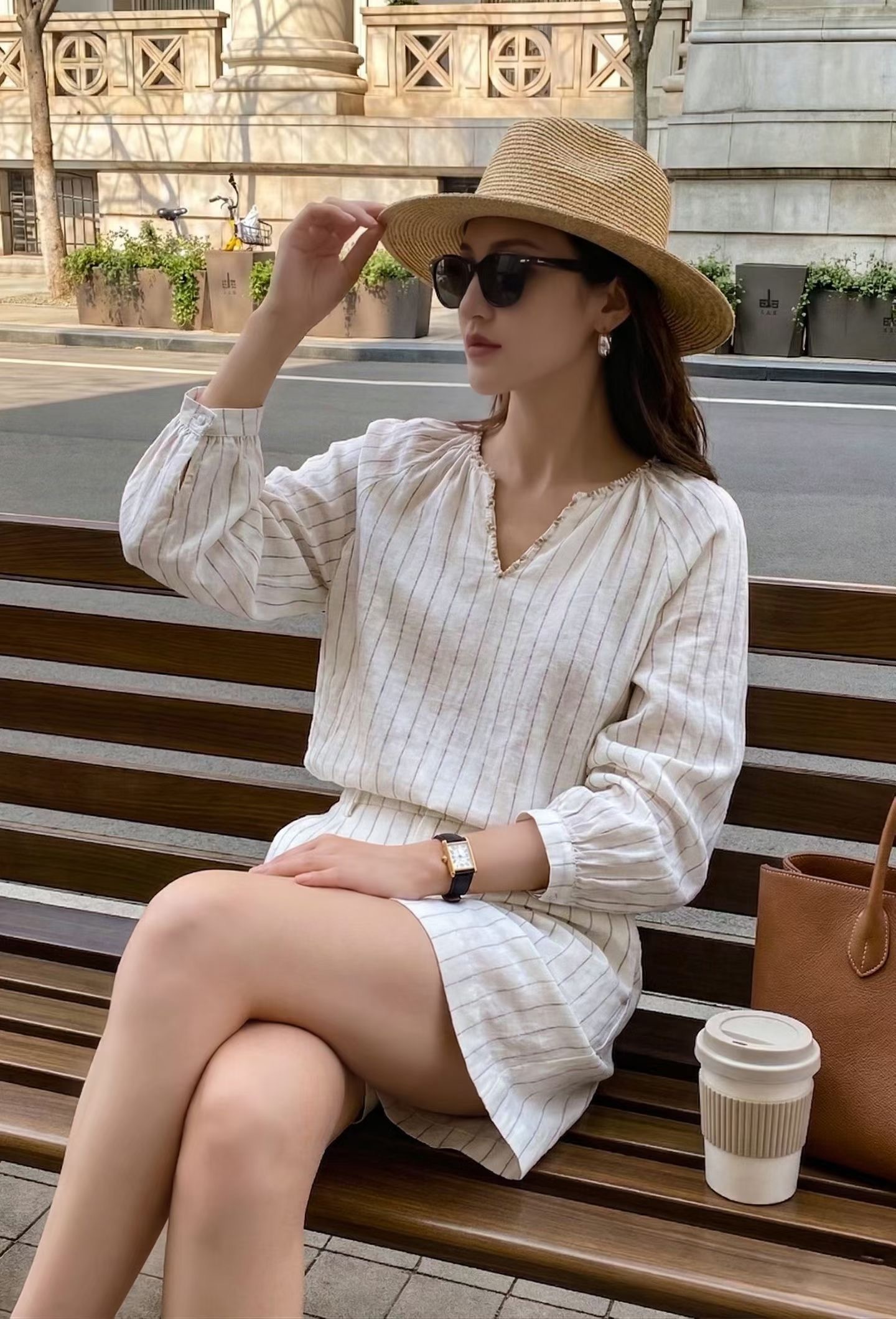 鍊條滾邊配色直條紋上衣+短褲SET-S-XL / 2色 (Elegant & Love)