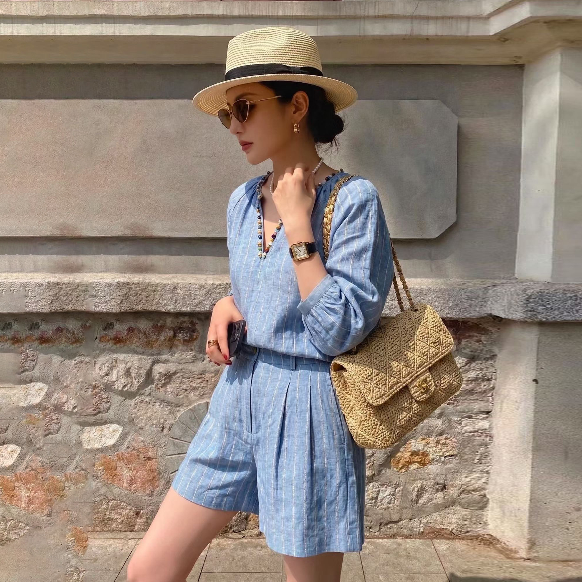 鍊條滾邊配色直條紋上衣+短褲SET-S-XL / 2色 (Elegant & Love)