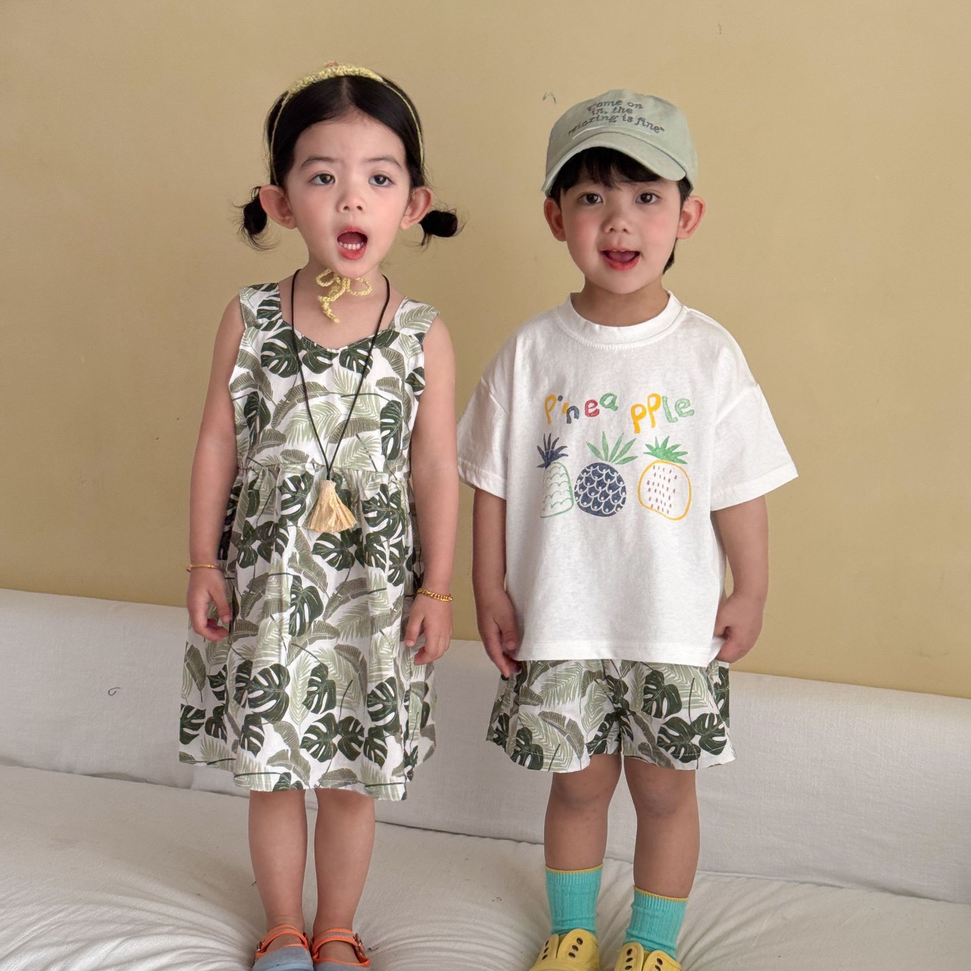 兄弟姐妹一起穿_綠樹葉鳳梨套裝/洋裝