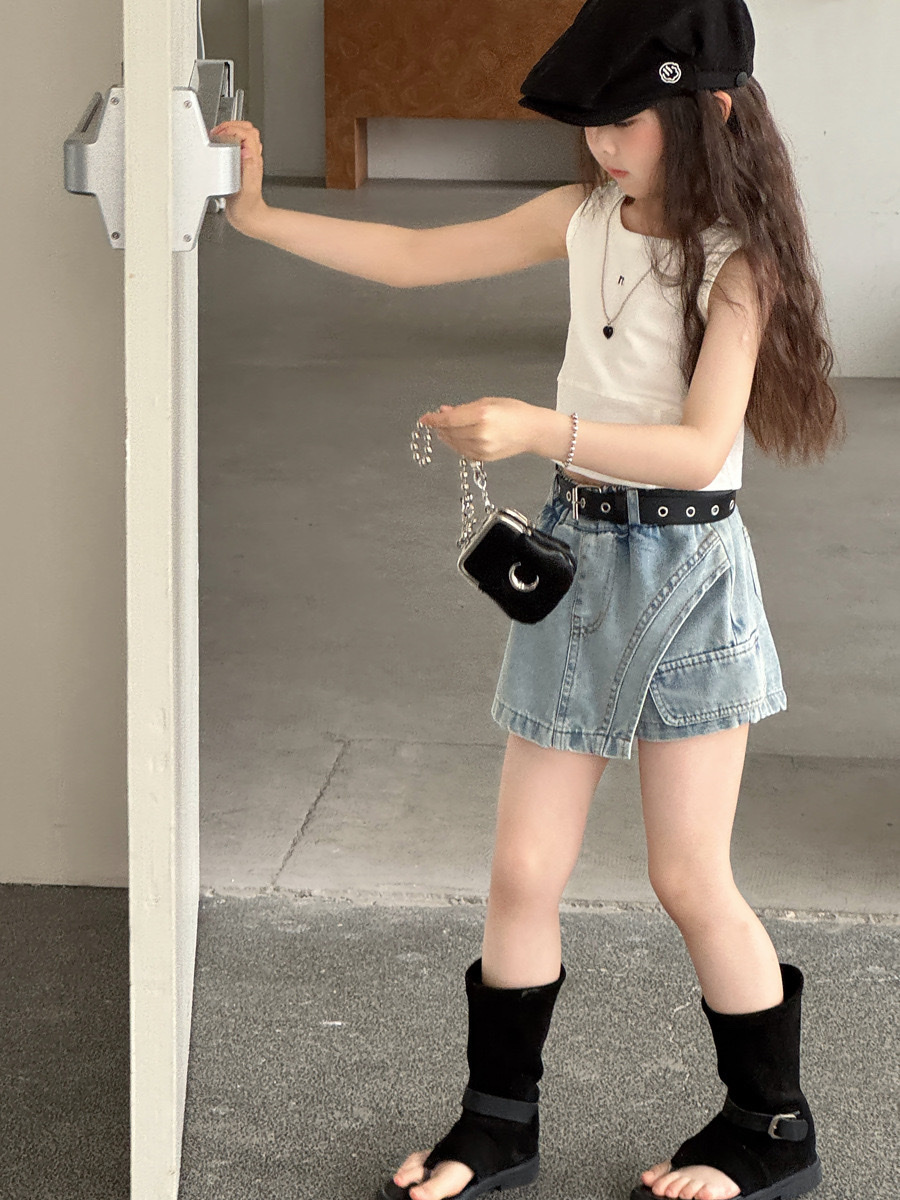 不規則牛仔褲裙(附腰帶)