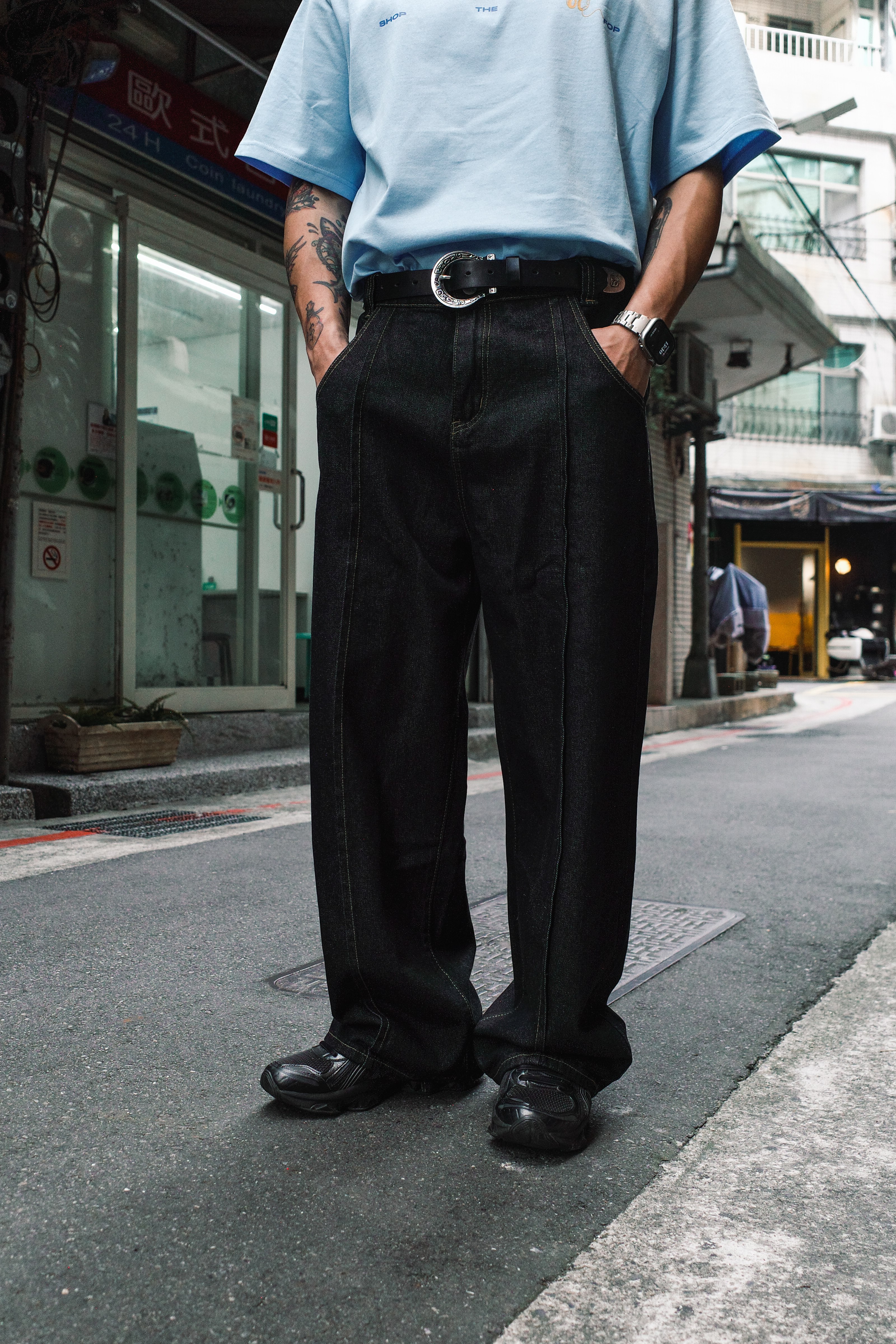 『Always_Good』明線 分割 刺繡 鬆緊腰 牛仔 長褲