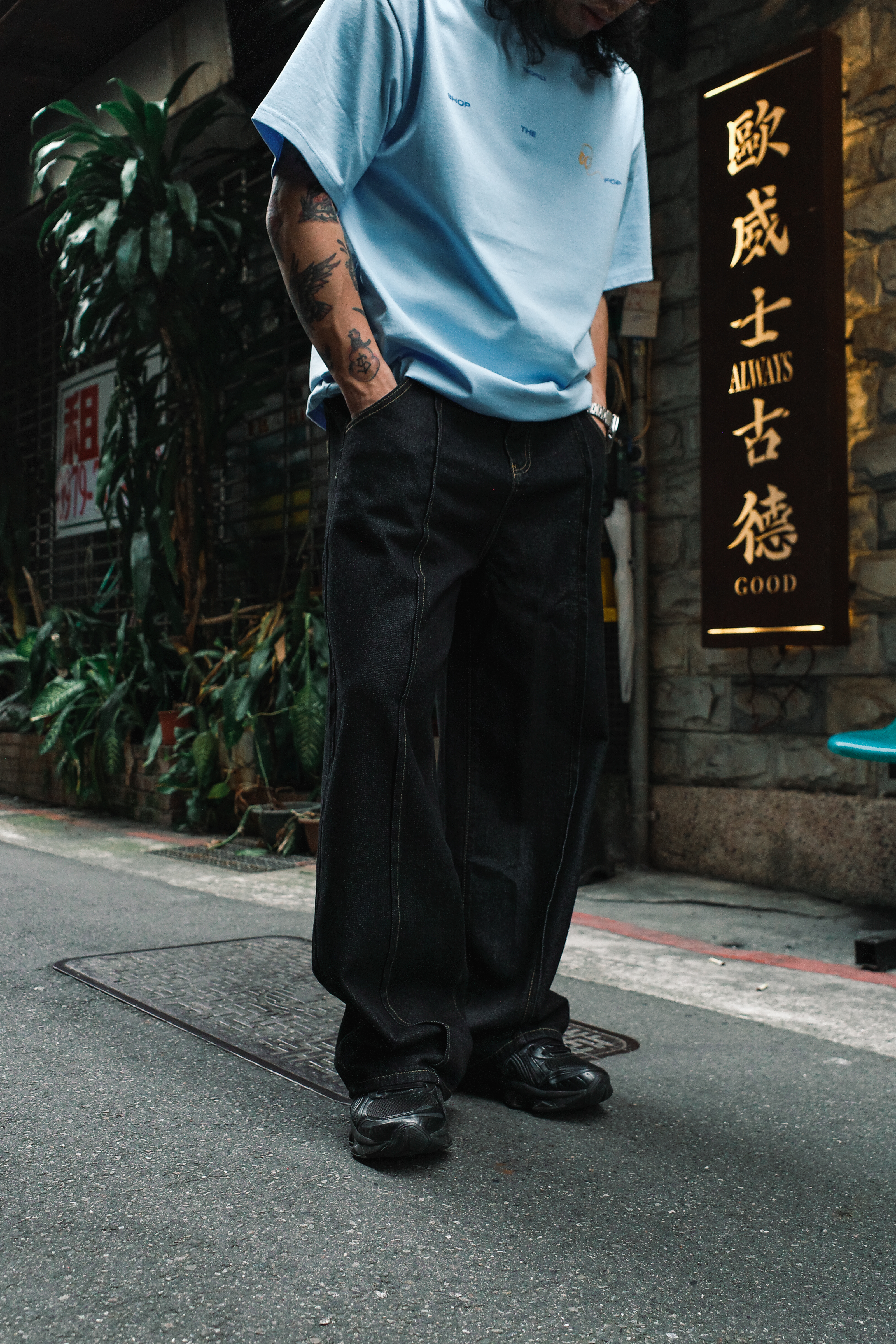 『Always_Good』明線 分割 刺繡 鬆緊腰 牛仔 長褲