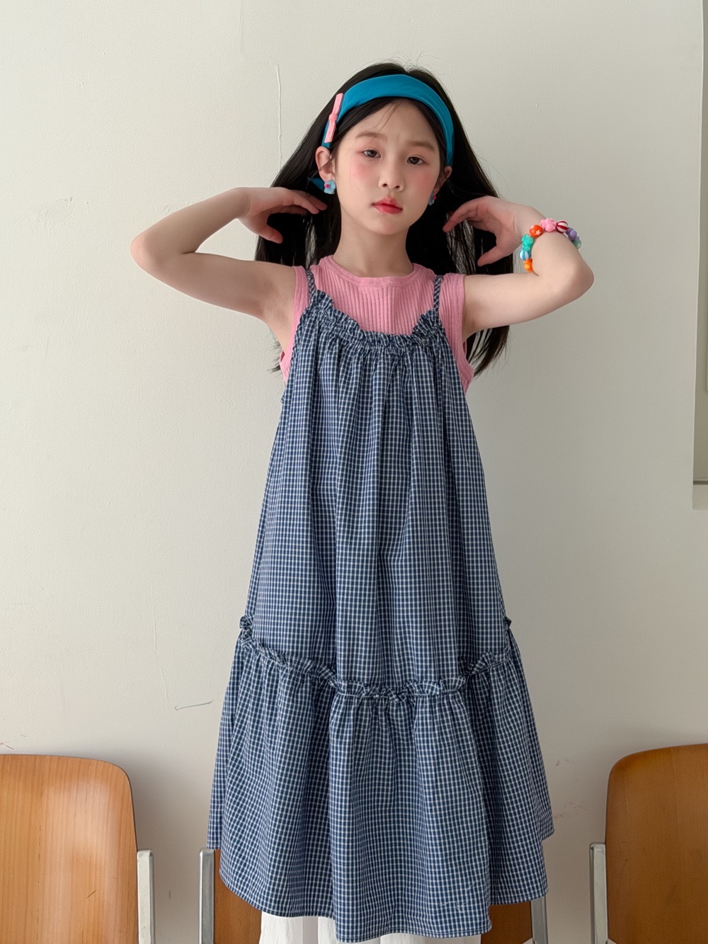 格子花邊洋裝