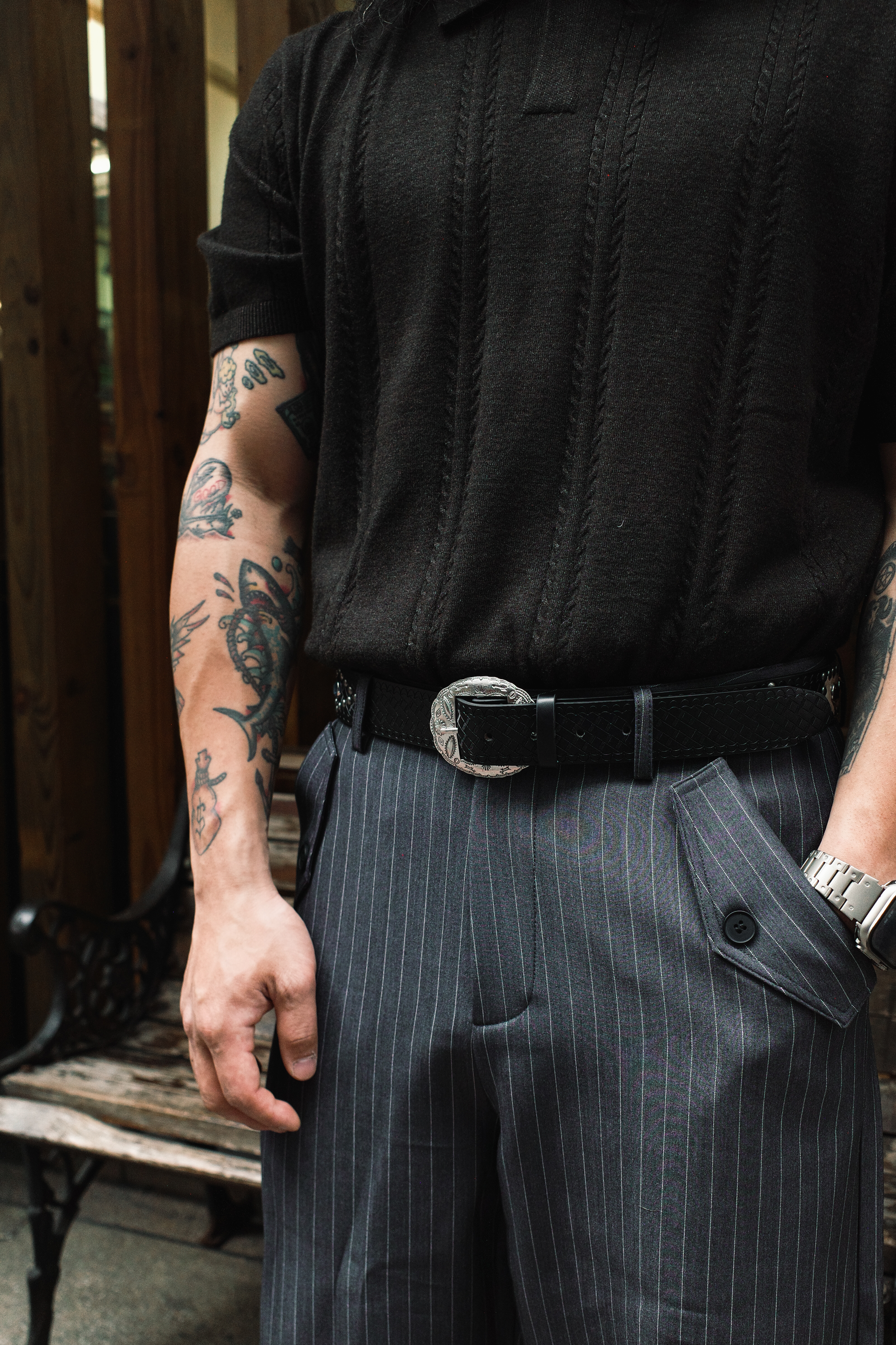 『Always_Good』雕花 寶石 拼接 皮帶