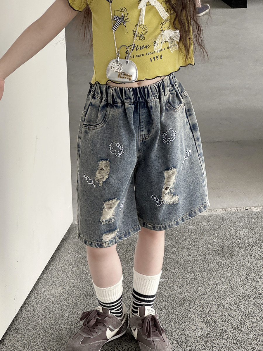 時髦刺繡貓咪破壞牛仔五分褲