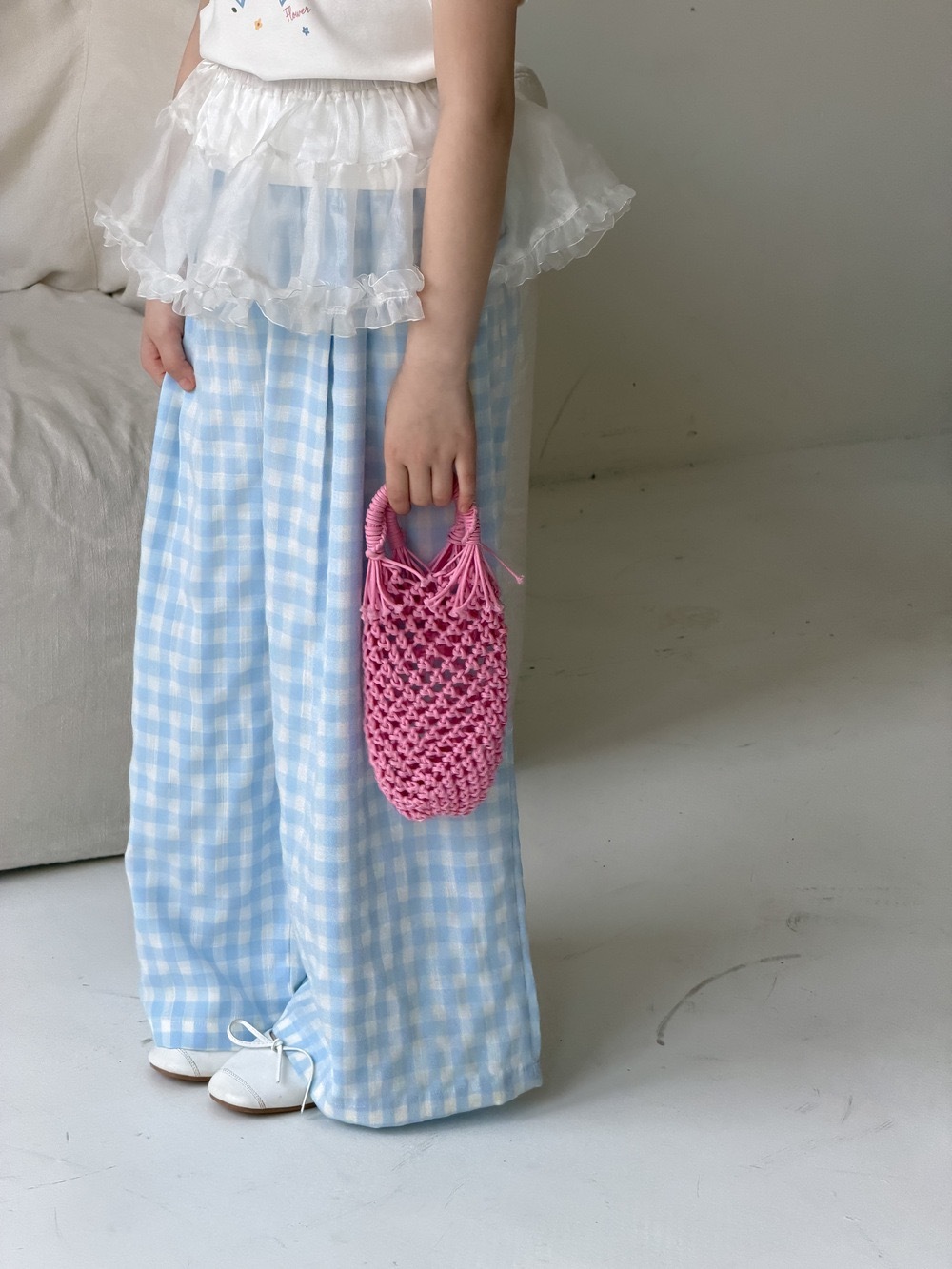 休閒藍格子直筒褲