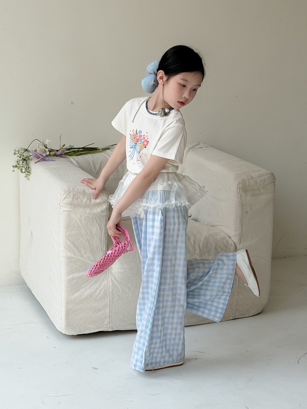 休閒藍格子直筒褲