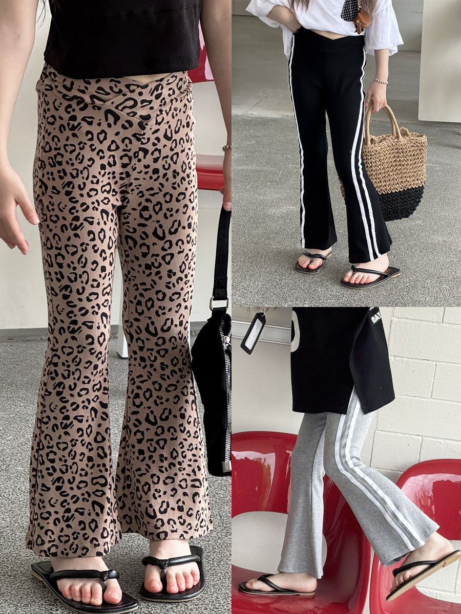 經典豹紋/側條紋微喇叭褲