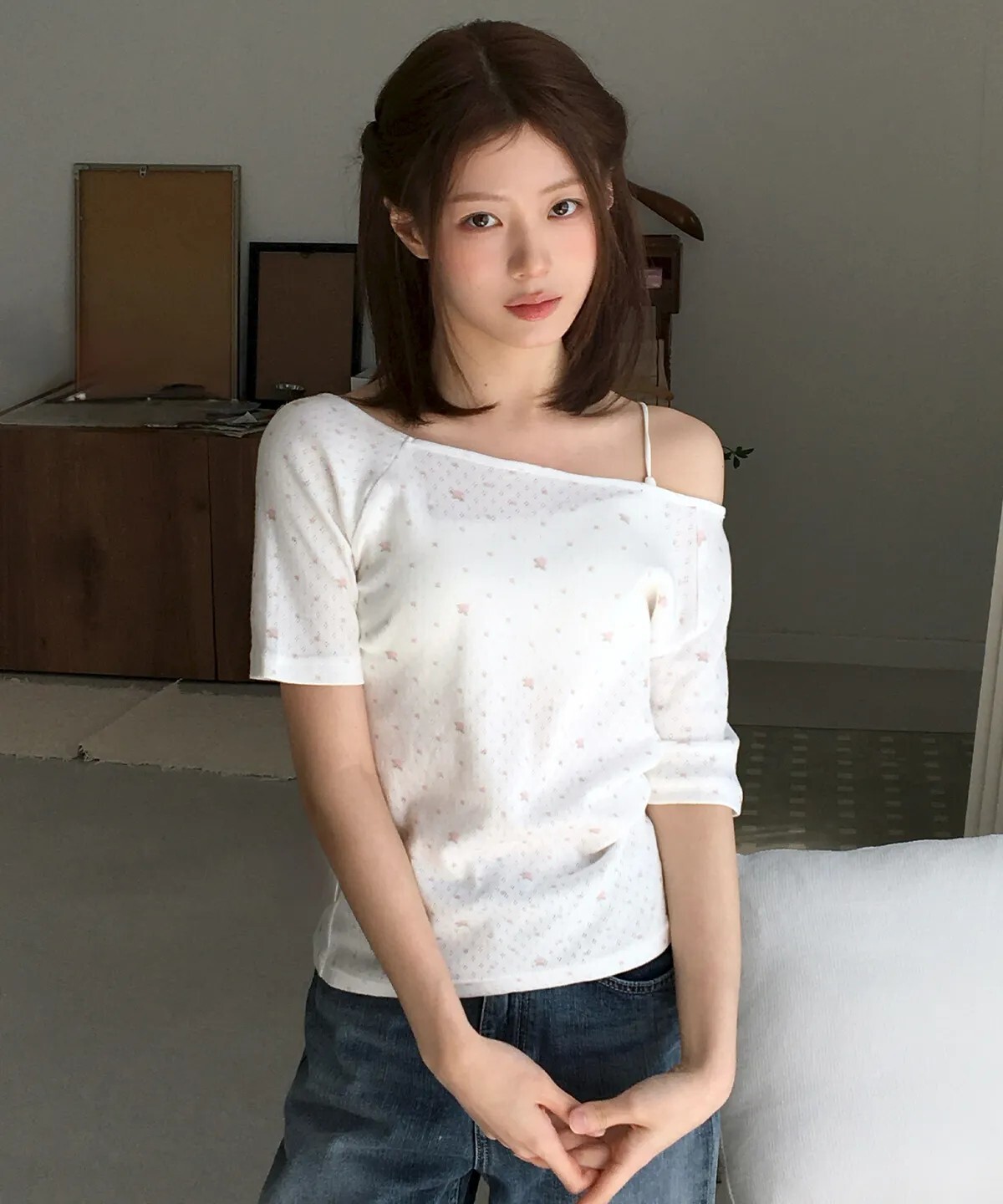 【預購】韓國 Letter From Moon 碎花 半露肩五分袖T恤