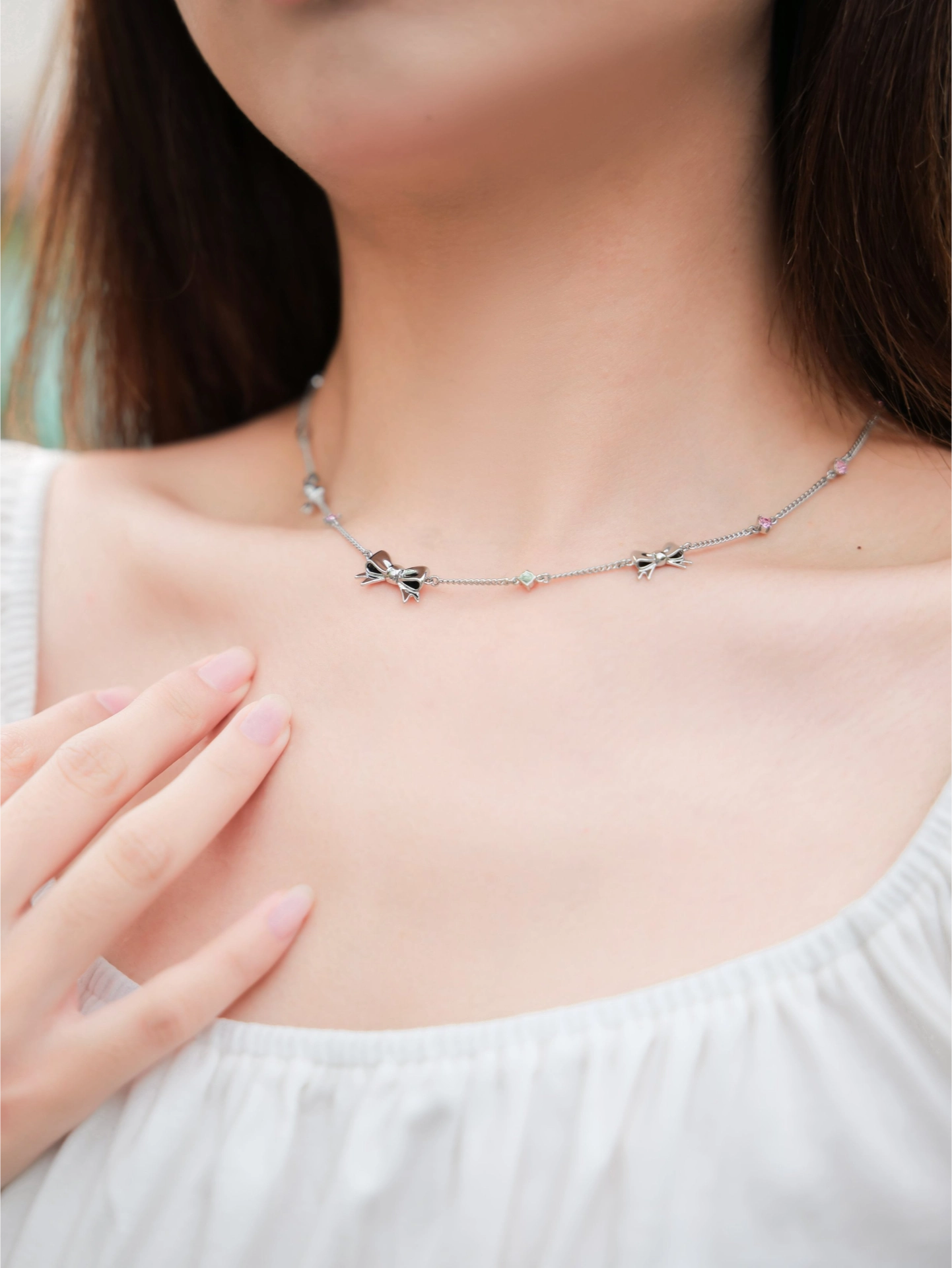 代購-CHARLES&KEITH 小ck 蝴蝶結系列 鑲鑽 項鍊 粉紅色Pink