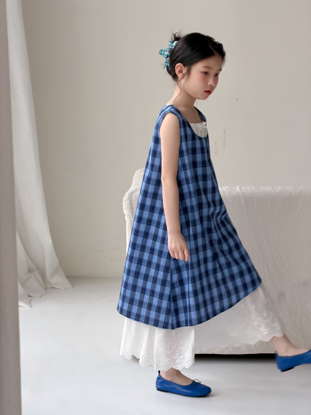 不規則藍格子背心洋裝