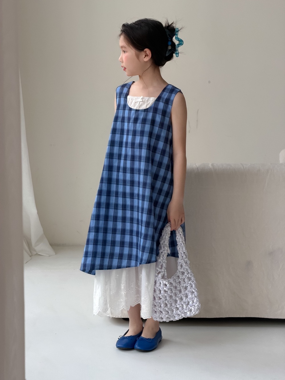 不規則藍格子背心洋裝