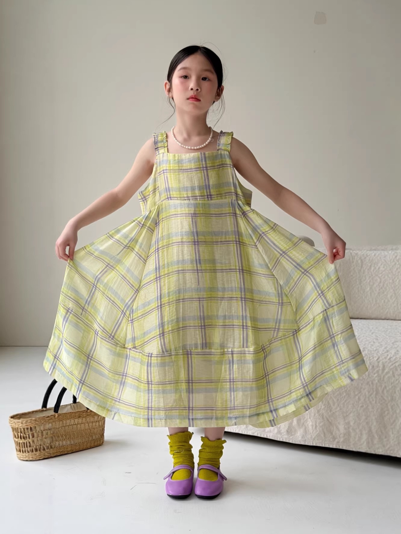 檸檬草格子長洋裝