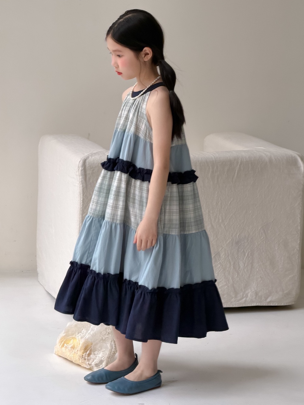 漸層藍花邊長洋裝