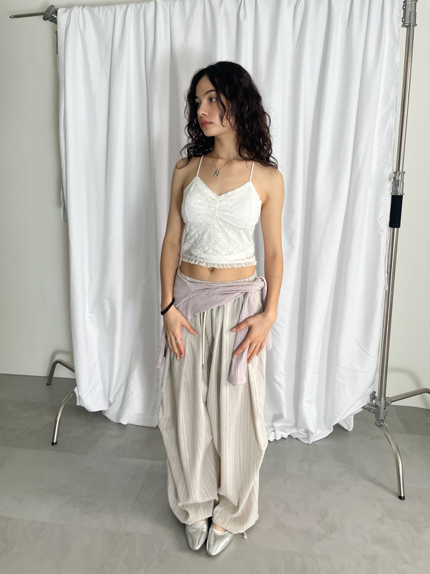 (UNISEX) cooling striped wide trousers with elastic waist in BEIGE