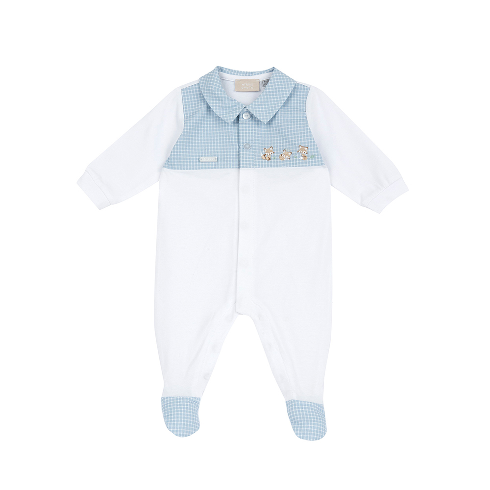 紳士小狐狸-剪接格紋有領前開長袖兔裝