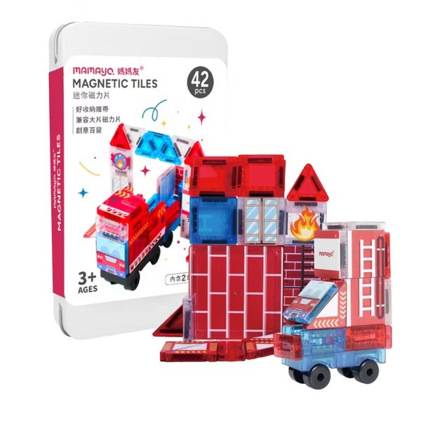 【𝐦𝐚𝐦𝐚𝐲𝐨】迷你磁力片印刷系列-小小消防車 (42pcs，附雲梯消防車2pcs、教學手冊)