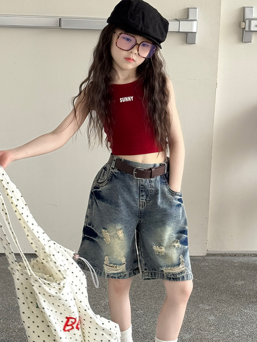 復古做舊皺摺水洗破壞五分褲