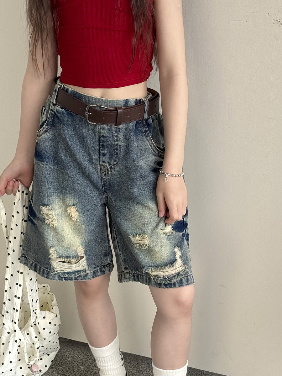 復古做舊皺摺水洗破壞五分褲