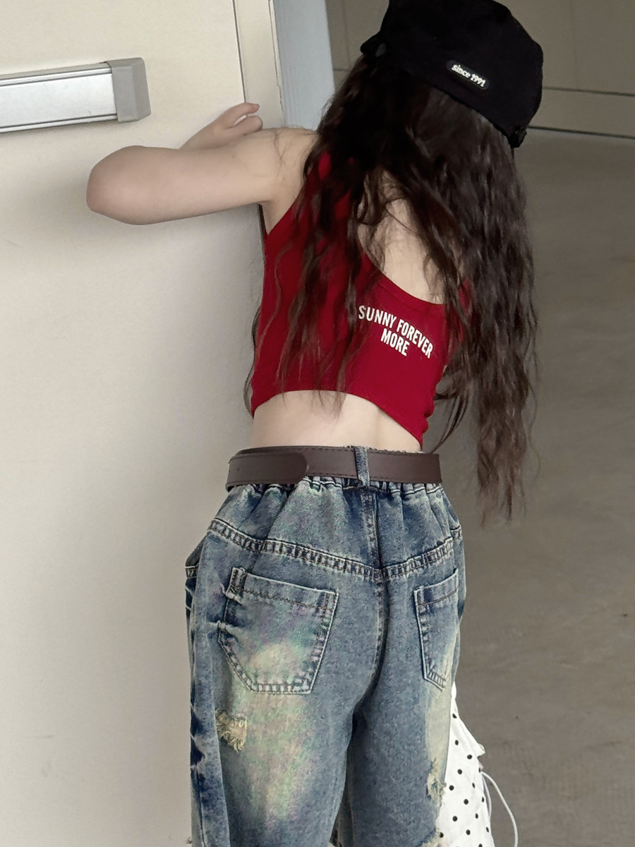 美式街頭酒紅色短版背心