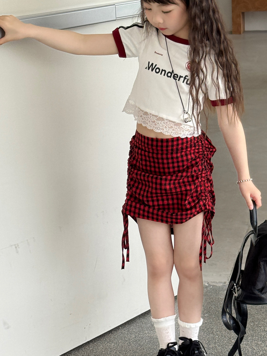 高腰抽繩紅格紋短裙