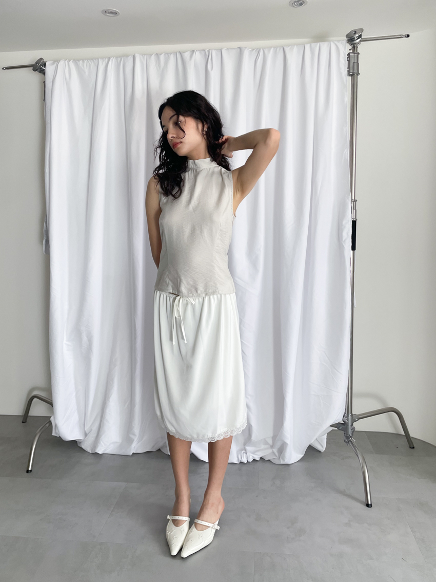 (designer!) satin lace trim midi skirt with elastic waist in WHITE