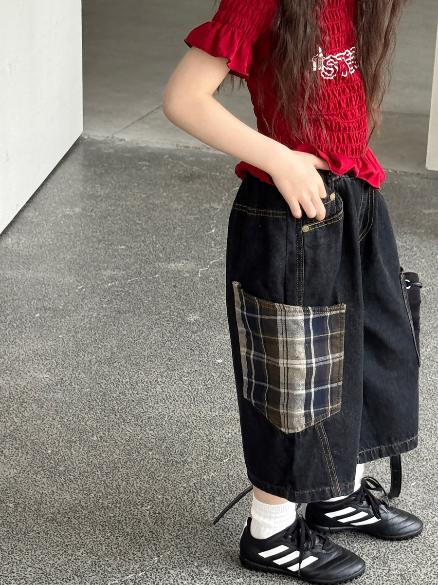 美式復古設計格子拼接七分褲