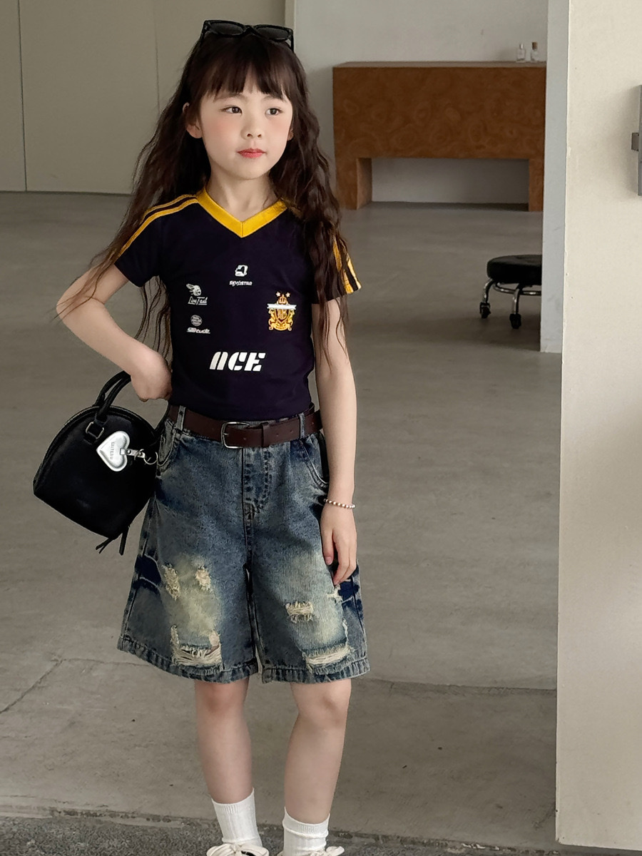 美式復古字母撞色藏青上衣