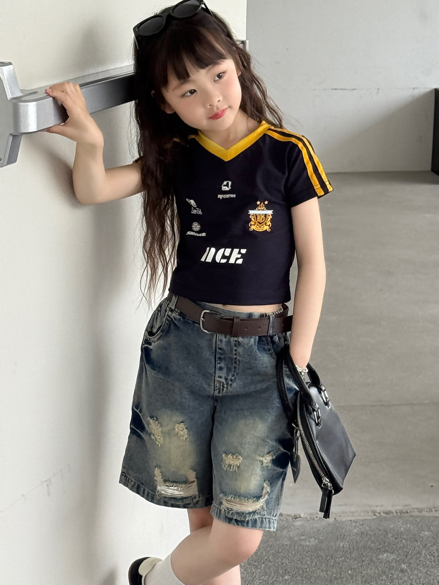 美式復古字母撞色藏青上衣